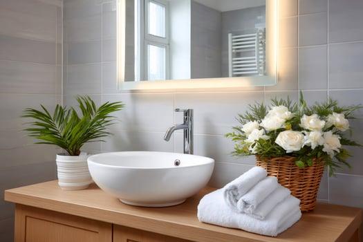 Modern bathroom interior with sink, mirror, flowers and towels photo
