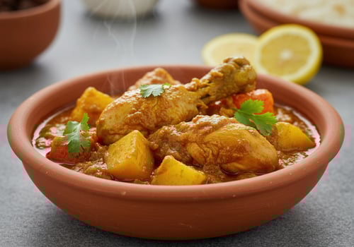 A delicious chicken curry served in a terracotta bowl. photo
