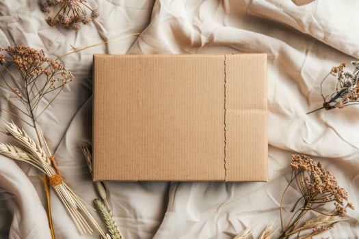 A brown cardboard box on a bed with dried flowers photo