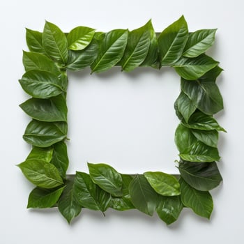 Green leaves arranged in a square frame on a white background photo