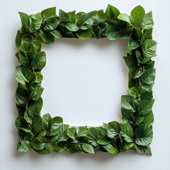 A square frame made of green leaves on a white wall photo