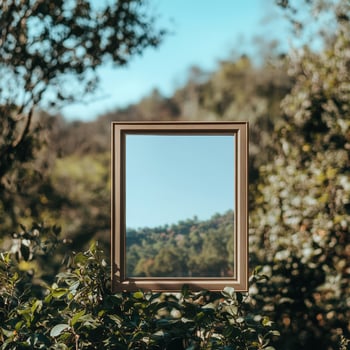 A wooden frame with a landscape in the background photo