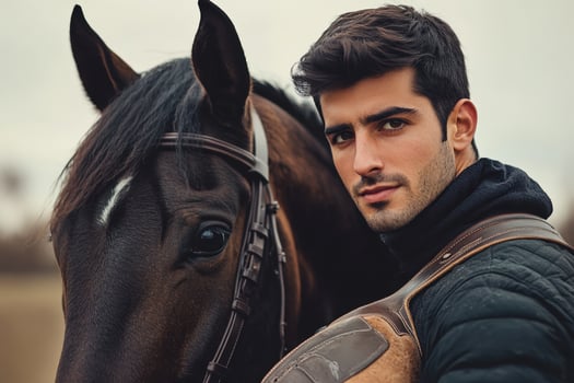 A man is standing next to a black horse photo