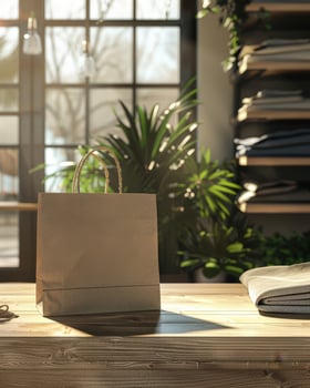 A wooden table with a paper bag sitting on it photo