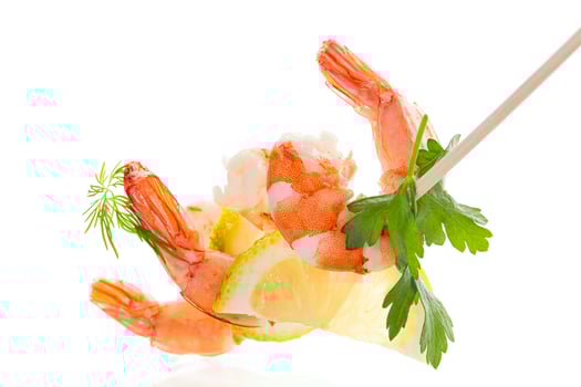 Ready to eat red shrimps with lemon isolated . photo