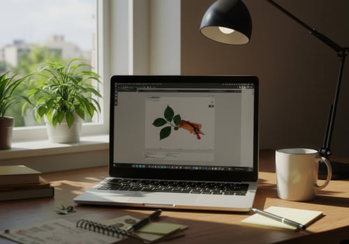 Laptop on a wooden desk with a plant photo