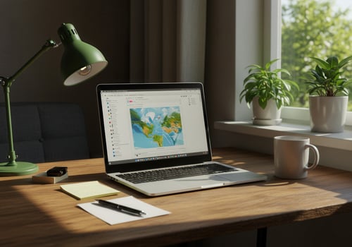Laptop on a desk near a window with plants photo