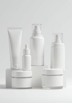 A stylish arrangement of white cosmetic products for beauty and skincare. photo