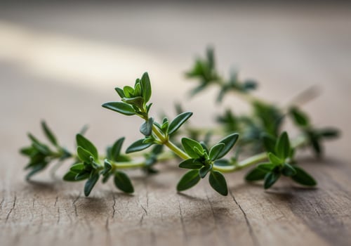Fresh thyme sprigs on rustic wooden background photo