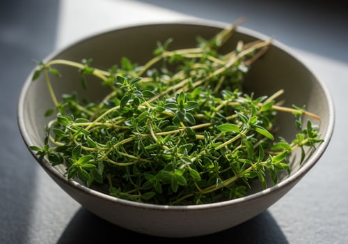 Fresh thyme in a ceramic bowl, ready for cooking. photo