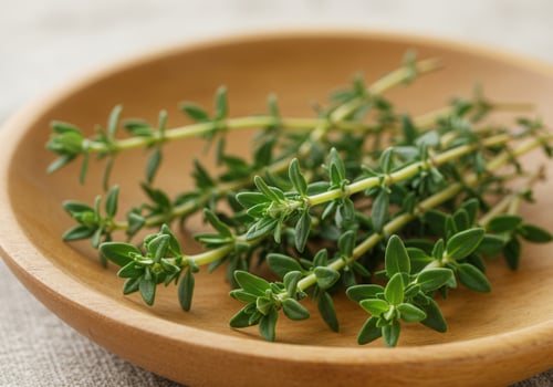 Thyme sprigs in a wooden bowl, perfect for seasoning dishes. photo