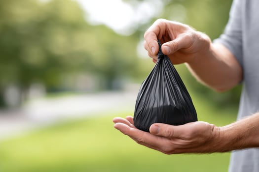 Presenting a shiny black trash bag above a summer lawn in daylight photo