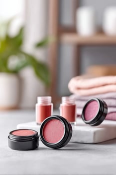Close-up view of vibrant blush shades in packaging against colorful backdrop with space for marketing text photo