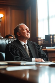 Judge reflects on case in private chamber filled with law books and personal memorabilia photo