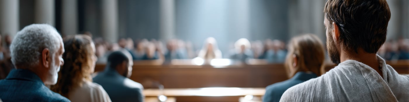 Dramatic courtroom trial of Jesus with emotional reactions from the audience in an ancient setting photo
