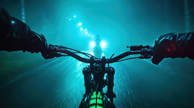 Bicyclist navigating a rain-soaked road under glowing streetlights at night photo