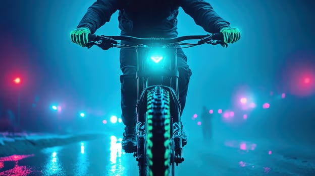Cyclist navigating a vibrant urban landscape at night with glowing bike lights illuminating the path photo