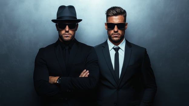 Two men dressed in formal attire stand confidently against a dark background with sunglasses on, exuding a sense of mystery and sophistication during a stylish event at night photo