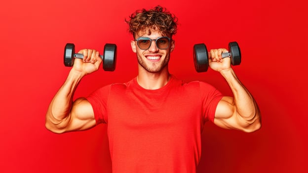 Young man lifts dumbbells against a vibrant red background, showcasing strength and enthusiasm during a fitness routine photo