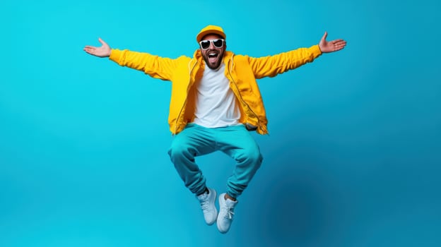 Jumping man dressed in yellow jacket and cap celebrates on bright blue background during daytime with a joyful expression photo