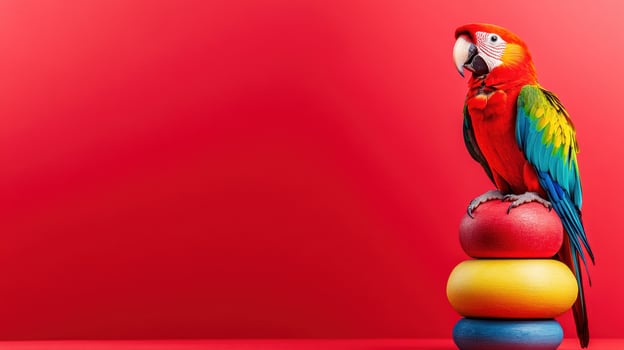 Vibrant parrot perched on colorful ring stack against a bright red background, showcasing its feathers in a lively indoor setting photo