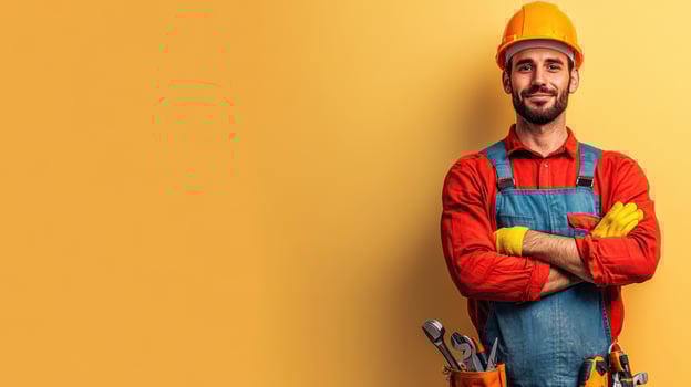 Portrait of a smiling construction worker standing confidently against a bright yellow background, showcasing tools and safety gear photo