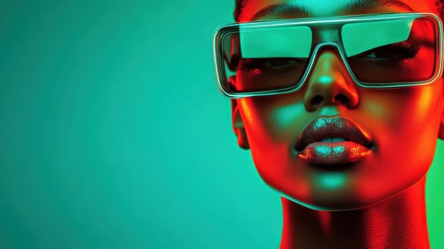 Model poses confidently with stylish oversized sunglasses against a vibrant green and red background, highlighting the interplay of colors and light photo
