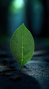 Green leaf standing vertically on a dark, textured surface photo