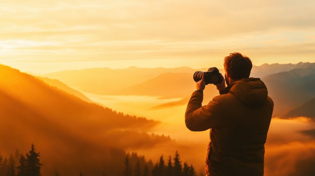 Photographer captures stunning sunrise over mountainous landscape with vibrant orange hues and fog in the valley, showcasing nature's beauty during early morning hours photo