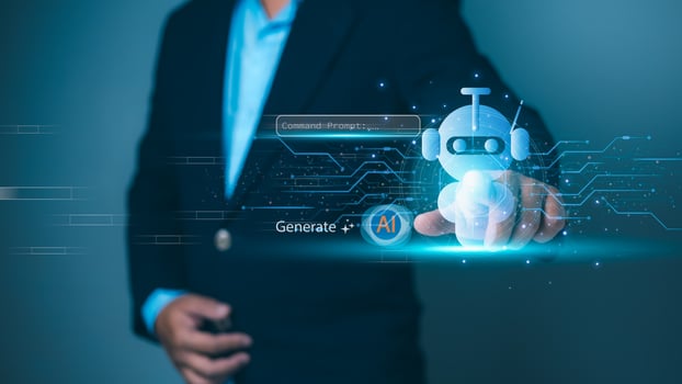 Person interacting with a glowing robot, AI integration, automation, future technology, artificial intelligence development. Machine learning, digital transformation, smart business solutions. photo