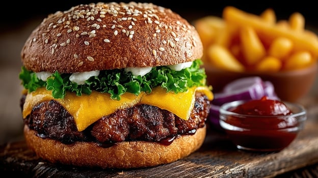 Mouth-watering beef burger with cheddar cheese, sesame bun, lettuce, and a side of crispy fries. Fast food favorite. photo