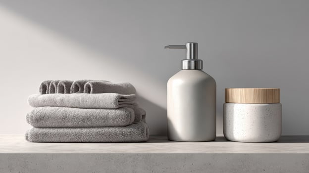 Bath accessories mockup stacked towels dispenser and ceramic jars photo