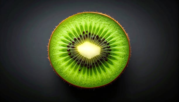 Close-up of a vibrant, juicy kiwi slice reveals its refreshing and healthy qualities against a dark backdrop. photo
