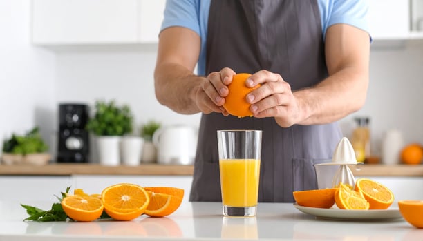 Preparing fresh orange juice, a healthy citrus drink to enjoy in the kitchen, using a squeezer, to get a vitamin boost. photo