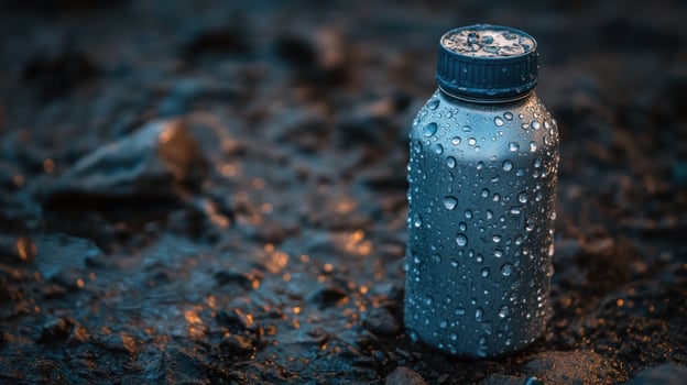 Metal water bottle on dark ground photo