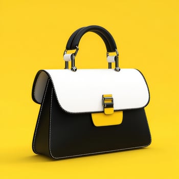 Stylish black and white handbag on yellow background photo