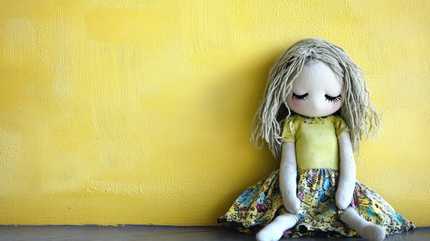 Doll sitting against yellow wall photo