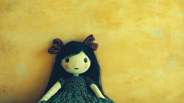 Doll against a mustard yellow wall photo