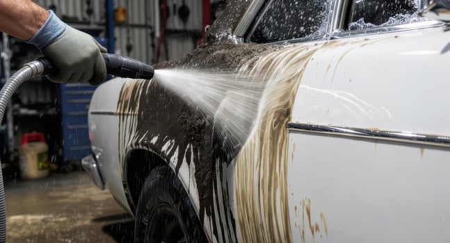 Gloved hand pressure washing dirty white car, cleaning mud and grime off vehicle side photo