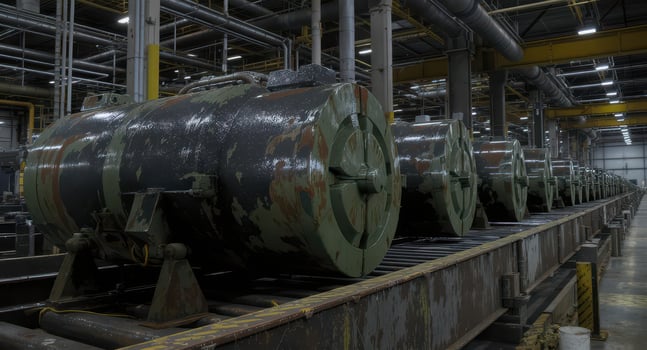 Massive aged artillery shells on a production line in a large industrial factory photo