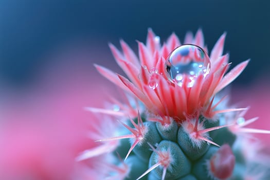 Big water droplet resting on blooming pink cactus flower photo