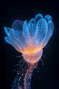 Glowing jellyfish floating in dark ocean depths showing bioluminescence photo
