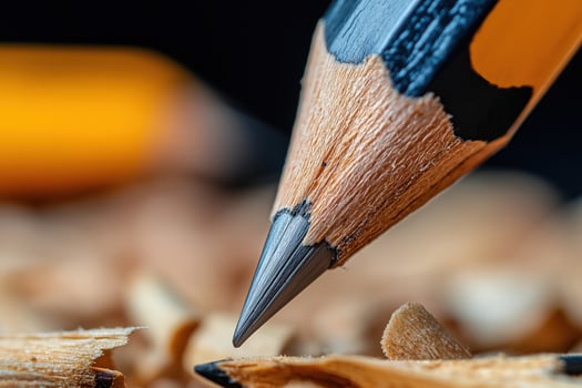 Sharpened pencil point hovering over wood shavings - ready to write photo