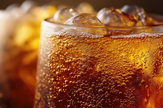 Refreshing carbonated soda with ice cubes in a glass close up photo
