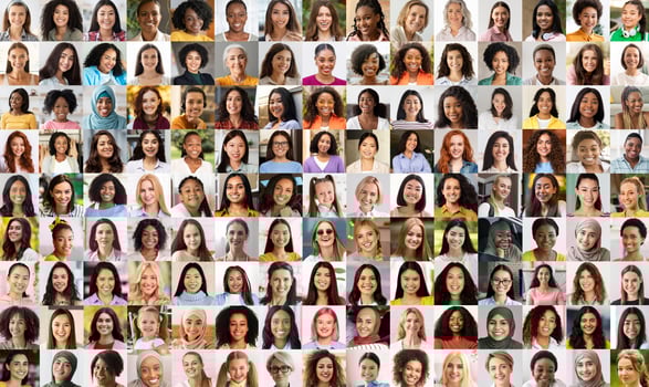 A vibrant portrait collage showcasing the diversity among women. Each image celebrates the unique features and diverse beauty of its subject photo