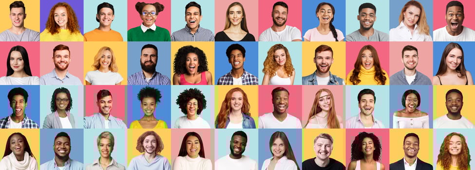 Diverse Cultures. Mosaic Of Happy Millennial People Faces Posing On Different Colorful Backgrounds. Panorama photo