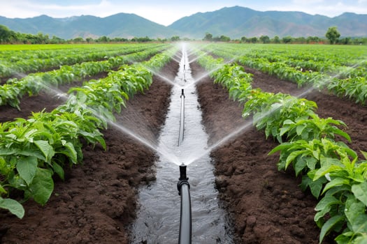 Irrigation system watering crops in agricultural field with mountain view photo