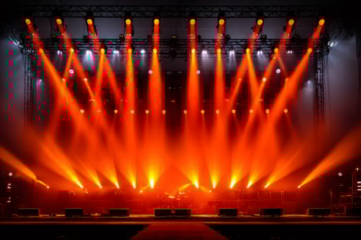 Red stage lights illuminating empty stage with instruments ready for music concert photo