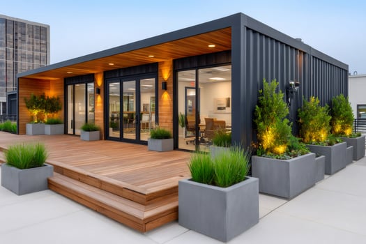 Modern office building made from shipping containers featuring wooden deck and landscaping photo