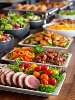 Buffet table presenting variety of delicious food for catering event photo